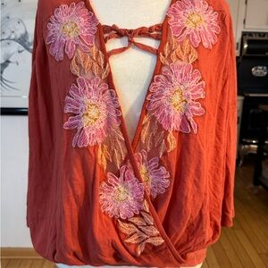 Free People Rust Embroidered Floral Wrap Top